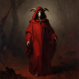singular lamb wearing cultist robes by gustave dore, deep crimson and dark shadows, foggy background, ambient glow, horror scene
