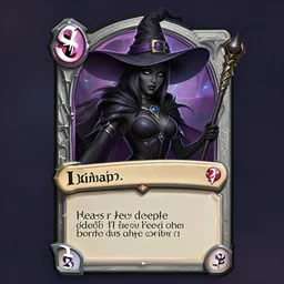 Official Hearthstone card profile splashart : The black sorceress with a witch hat and a scepter
