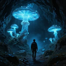 an adventurer finding a mystical cave with huge magical glowing mushrooms, cold blue light, dark rocks, artstation