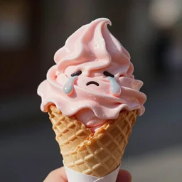 realistic artwork of a depressed pink ice cream cone that has a cute little face that is tearing up