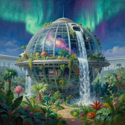 a cinematic view of an orbital space habitat, large indoor greenhouse with exotic plants, retrofuturism, sci - fi art, oil on canvas, nebula waterfalls, aurora in the sky above, details, hyper - detailed, hd, hdr, 4 k, 8 k