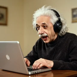 vintage photo of einstein wearing headphones shouting at a macbook pro