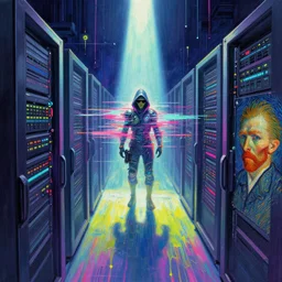 a vision of vast cyberspace, a distant hacker glitching through a vulnerable server, wearing sunglasses, futuristic clothes, vibrant colors, rule of thirds, spotlight, drips of paint, expressive, passionate, by greg rutkowski, by jeremy mann, by francoise nielly, by van gogh, digital painting