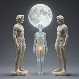 figurines looking at the full moon, transparent soul leaving the body, filigree, lace, art by loish, dave mckean