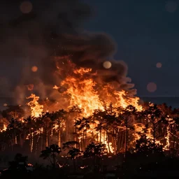 lomo photo of a large burning forest in horizon, cinestill, bokeh, out of focus, night, dramatic lighting