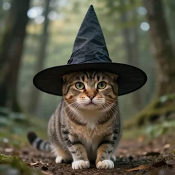 beautiful artistic work of art realistic cinematic masterpiece where a cat comes out with a witch hat