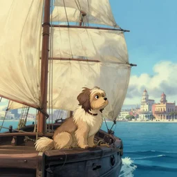 havanese dog sailing on top of a barquentine from 1 9 0 0, looking out to the see, leaving the port at havana, 1 9 0 0, tartakovsky, atey ghailan, goro fujita, studio ghibli, rim light, mid morning lighting, clear focus, very coherent