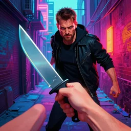 todd howard mugging someone, holding a switchblade in a alleyway, threatening, sharp, cinematic, colorful, digital art, neon, bright, realism, bold, pov