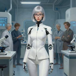 a scientist android girl with silver hair wearing white suit and glasses, standing inside a research facility by artgerm and wlop and krenz cushart and stephan martiniere, painterly