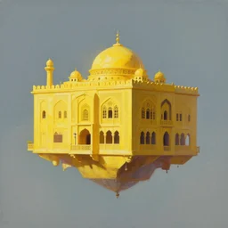 a painting of a yellow building floating in the air, concept art by kamal ud - din behzad, artstation, maximalism, official art, concept art, 2 d game art