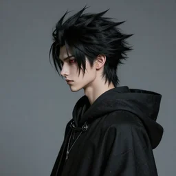 side profile, handsome japanese demon boy, young adult mazoku man with wild spiky upturned black hair, vantablack cloak, red eyes, ultra realistic, concept art, intricate details, eerie, highly detailed, photorealistic, octane render, 8 k, unreal engine. art by artgerm and greg rutkowski and charlie bowater and magali villeneuve and alphonse mucha