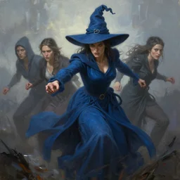 oil matte painting, witch in blue robes and hat fierce charge. digital painting, fantasy, concept art, cinematic colors, realistic shaded. by ilya kuvshinov, magali villeneuve, artgerm, greg rutkowski
