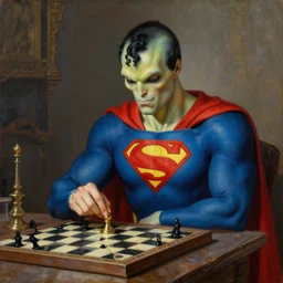 superman alien playing chess looking wise, rococo oil painting, highly detailed