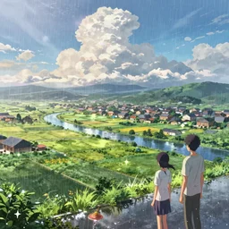 A colourful ultradetailed anime illustration of a rainy fields and villages,river,sky,summer, by beeple, makoto shinkai, thomas kinkade, anime art wallpaper 4k, trending on artstation,Ultra wide angle,Lens Flare.anime,sunlight through cumulus,4K-H 832