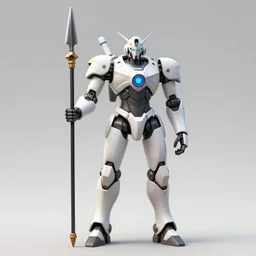 character concept art of an armed robot android humanoid, carrying a spear made from an antenna.
