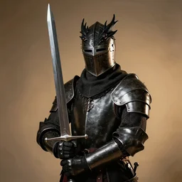 portrait of gothic knight wearing black dragon helmet, holding gigantic straight sword, detailed, realistic, studio lighting, warm light, shining metal, portrait photography