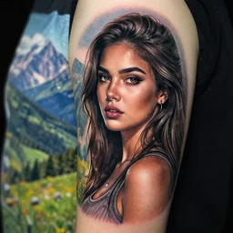 tattoo realism design of a beautiful girl with a mountain scenery next to her, hyper realistic
