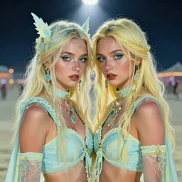 portrait of a couple of beautiful girls, burning man festival, intimate, pastel shades of light blue and light yellow, beautiful faces, rule of thirds, intricate outfits, spotlight, by greg rutkowski, by jeremy mann, by francoise nielly, by van gogh, digital painting