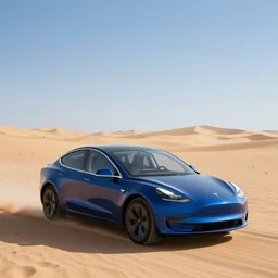 a blue Tesla driving through the desert, advertisement, car,