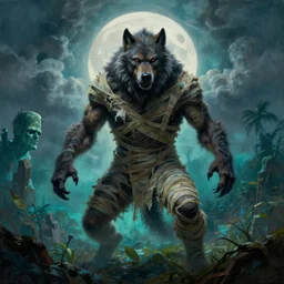 by frazetta , panoramic close up of realistic oversized werewolf with frankenstein  and mummy, epic pose , full body backlight ,top light ,full body portrait ,highly textured oil painting ,jungle ,cyan graveyard  with backlight from the moon ,foggy background ,with  dramatic sky ,clouds and giant oversized moon and storm