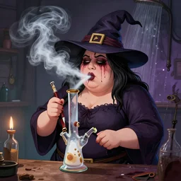 fat witch smokin bong. the witch is smoking a bong. the witch smells really bad. the stinky witch needs a shower.
