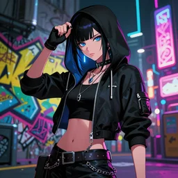 cyberpunk anime girl in hoodie, grafity, neonpunk, alita, arcane, action, tokyo street, detail, good face, pose model, concept art, in style of yoji shinkawa, pan ren wei, col price, atey ghailan, by greg rutkowski, aesthetic