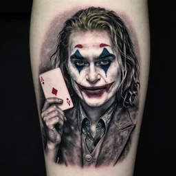 beautiful margot robbie with joker makeup tattoo design, holding an ace card, black and white, realism tattoo, hyper realistic
