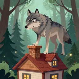 a cartoonish big wolf is entering a chimney of a house in a forest full of wonders, pine trees, magical atmosphere, trending on artstation, 30mm, by Noah Bradley trending on ArtStation, deviantart, high detail, stylized portrait