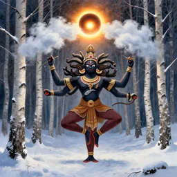 ivan marchuk style nataraja dancing in a winter birch grove and raising snow clouds during a solar eclipse, visionary art style
