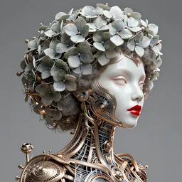 complex 3 d render, hyper detailed ultrasharp beautiful biomechanical mandelbrot fractal steampunk filigree mesh wire female cyborg portrait with a porcelain profile face, albino afro, red lips, rim volumetric lights, elegant crown with hydrangea foliage leaves stems roots, alexander mcqueen haute couture, art nouveau fashion, hyperrealistic, octane render, 8 k