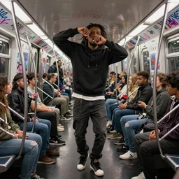 a man with dreads and a hoodie freestyle rapping on a crowded subway covered in graffiti, trending on artstation, digital art