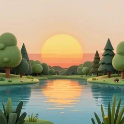 the sun is setting over a lake surrounded by trees. a matte painting 3d octane render by Beeple, unsplash, digital art, synthwave, outrun, retrowave, rainbow, pastel colors