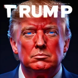 a close up of red donald trumps face with blue eyes, an album cover by jacob toorenvliet, featured on behance, cubo - futurism, rendered in cinema 4 d, sketchfab, rendered in maya, red shift, synthwave, by enguerrand quarton, by alesso baldovinetti, 3 d render, holography,