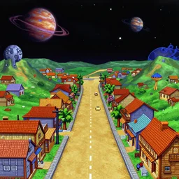 wide view of the main street in a small colony on a strange planet, from a space themed Lucasarts graphic adventure game made in 1998