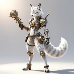anthropomorphic lynx fursona wielding steampunk weapon, wearing steampunk suit with clockworks life support as a woman with lynx head, tail, paws,, by tanidareal, irakli nadar, muggur, intricate linework, unreal engine, 3 d render, furry art, furaffinity, bright sun backlight, white detailed fur, thin legs
