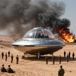 army troops surround shiny metallic ufo flying saucer with transparent dome crashed in the desert, smoking and burning in flames