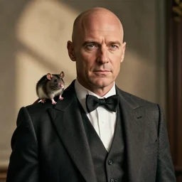 urban fantasy butler that looks similar to michael kane, handsome, balding, well dressed, pet rat on shoulder