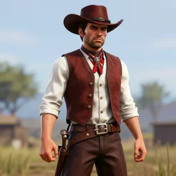 Screenshot of Saitama the One Punch Man as a 3d cowboy in full cowboy attire in the videogame 'Red Dead Redemption 2'. Sharpened. 1080p. High-res. Ultra graphical settings.