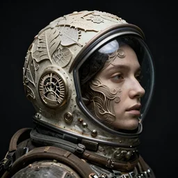 a woman's face in profile, wearing a space helmet made of intricate delicate leaf skeleton, in the style of the dutch masters and gregory crewdson, dark and moody