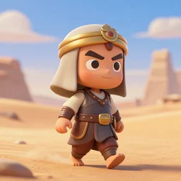 cartoon funny arabian warrior as nendoroid walking in a desert in the croods movie style, anime, disney, pixar, 8 k, hd, dof, kodak film, volumetric lighting, subsurface scattering, photorealistic, octane render, details