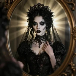 realistic detailed portrait of a gothic bride in the mirror, god ray behind,, scary style, by alphonse mucha