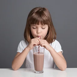 studio photograph of junie b jones drinking chocolate milk, 4 k, raw, unedited, symmetrical balance, in - frame