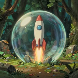 realistic interior shot from howls moving castle ( 2 0 0 4 ) of a scientist rocketing out of a cubic bubble in a jungle flooded desert monument valley stonehenge cartoon depth of field.