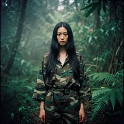 a female model with long black hair, emerging from a dense misty jungle wearing camouflage by yohji yamamoto, in the style of daido moriyama, analogue photography, camera obscura, double exposure h 7 6 8