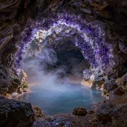 inside an amethyst cave with a hotspring, highly detailed, 4k, HDR, award-winning, artstation, octane render