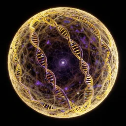 an ultra high resolution photo taken by nasa hubble telescope of a perfect dyson sphere comprised of entangled strands of yellow and violet dna. sci fi, 2 0 0 1 space odyssey cinematic, backlit