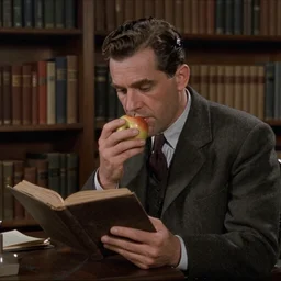the image is a screenshot from a lost 1 9 4 0 s film still of a hades reading a book in a quiet library, eating an apple. the moody cinematography, with anamorphic lenses, creates a crisp, detailed image in 4 k resolution. - 7