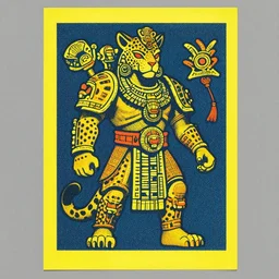 detailed grainy risograph, mayan jaguar warrior as the empress of space marines from warhammer, vivid colors, vintage, full yellow border color!!!, nvidia geforce rtx 3 0 9 0 ti directx 1 2. 0 0 rendered, 6 0 0 mm, 8 k, magazine cut out collage.