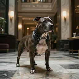 cyborg - pitbull in a marble hotel lobby, in 2 0 5 5, y 2 k cybercore, industrial low - light photography, still from a ridley scott movie