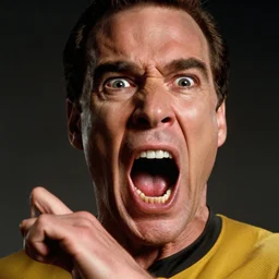 photograph of captain j. kirk from star trek screaming in terror with his mouth and eyes wide open. film still, detailed face!!, ultra realism, dramatic lighting, zeiss lens, canon eos, detailed skin, dynamic pose, 8 k resolution, hyperrealism, portrait photography